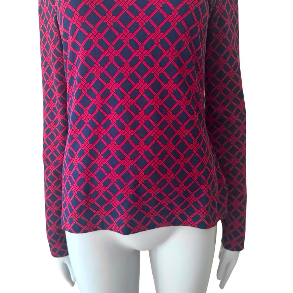 BROOKS BROTHERS Knit Top Long Sleeve Trellis Print Round Neck Red Navy Blue - Picture 5 of 12